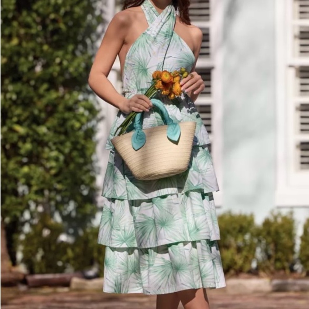 Crown & Ivy Halter Midi Dress in Mint Palm Print XL